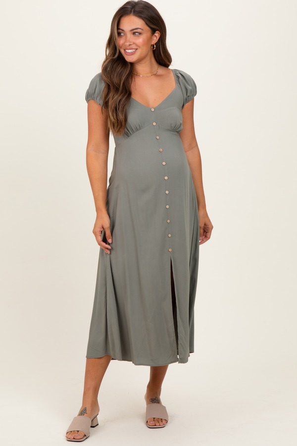 ピンクブラッシュ レディース トップス ワンピース フロントスリット ミディ マタニティ PinkBlush Button Accent Front Slit Midi Dress (Maternity) Olive Green グリーン｜ReVida 店