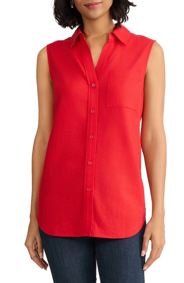 ジョーンズニューヨーク レディース トップス シャツ ノースリーブ リネン Jones New York Sleeveless Linen Blend Button-Up Shirt ROUGE｜ReVida 店