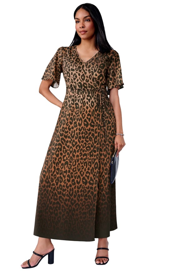 ジェシカロンドン レディース トップス ワンピース プラスサイズ マキシ Jessica London Flutter Sleeve Wrap Maxi Dress (Plus Regular) NEUTRAL GRADIENT CHEETAH｜ReVida 店