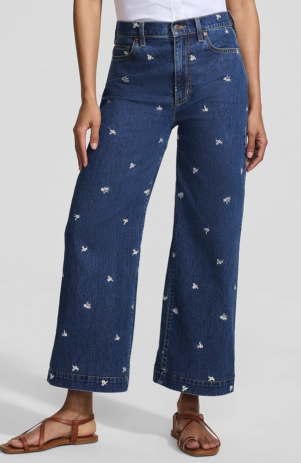 ランズエンド レディース ボトムス デニムパンツ ワイドレッグ プラスサイズ プチ トール ジーンズ Lands' End Plusize Denim High Rise Wide Leg Crop Jeans (Petite Plus Regular Tall) Daisy Embroidery/Crawford Wash デニム|ReVida 店