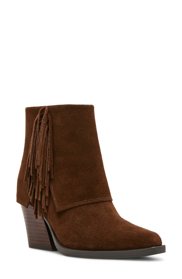 ブロンド レディース シューズ ブーツ・レインブーツ フリンジ ヒール Blondodessa Fringe Block Heel Bootie (Women) CHOCOLATE SUEDE チョコレート｜ReVida 店