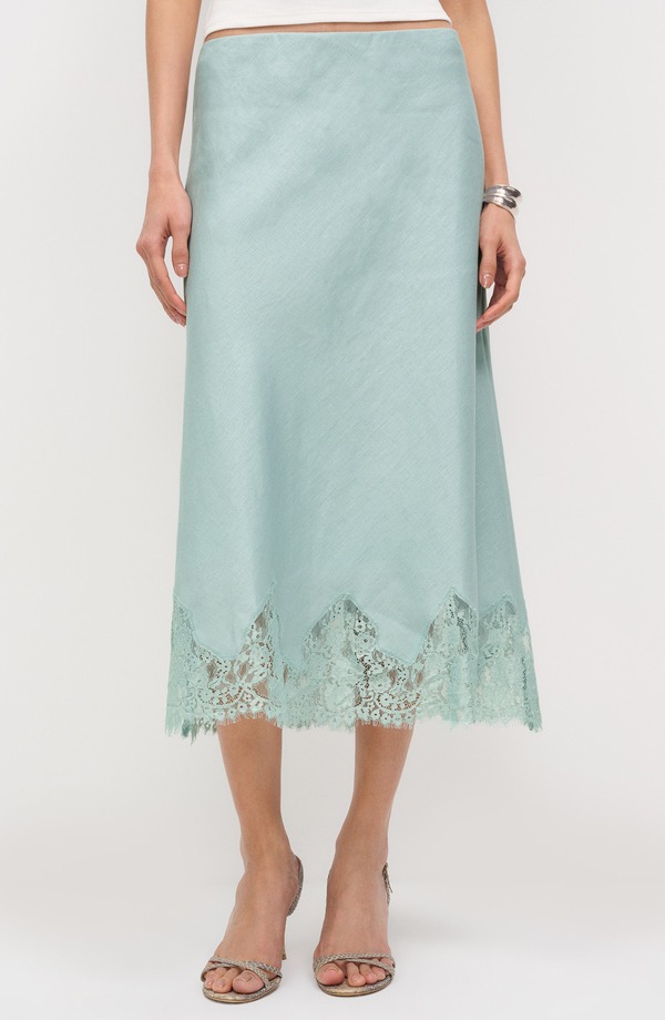 リフォーメーション レディース ボトムスカート レーストリム ミディ レース リネン Reformation Carolina Lace Trim Linen Midi Skirt AQUAMARINE|ReVida 店