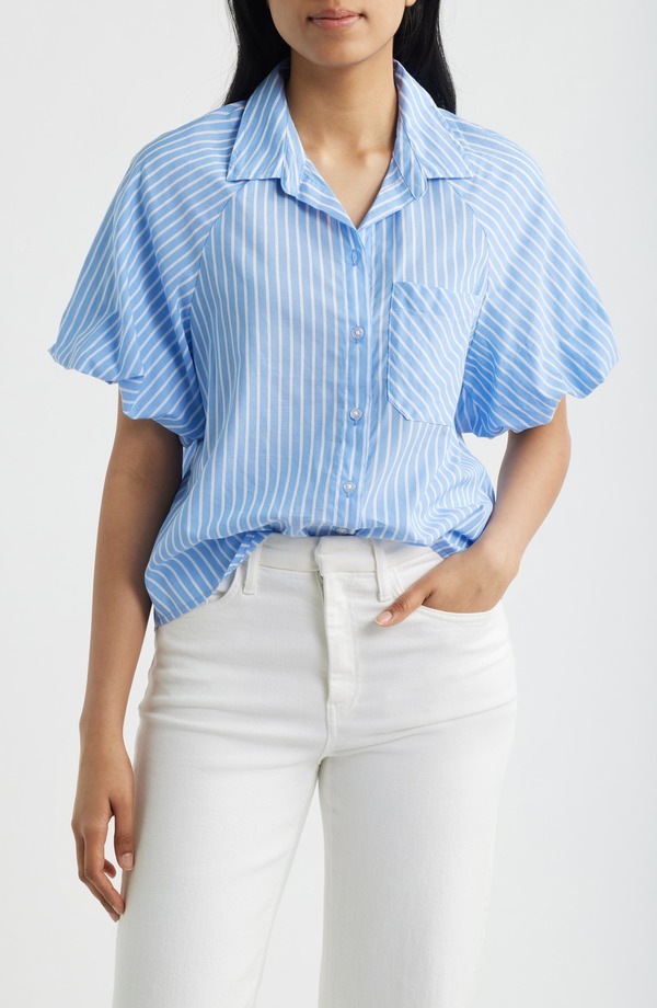 ビーチランチラウンジ レディース トップス シャツ beachlunchlounge Biance Bubble Sleeve Button-Up Top BLUE AGAVE ブルー|ReVida 店