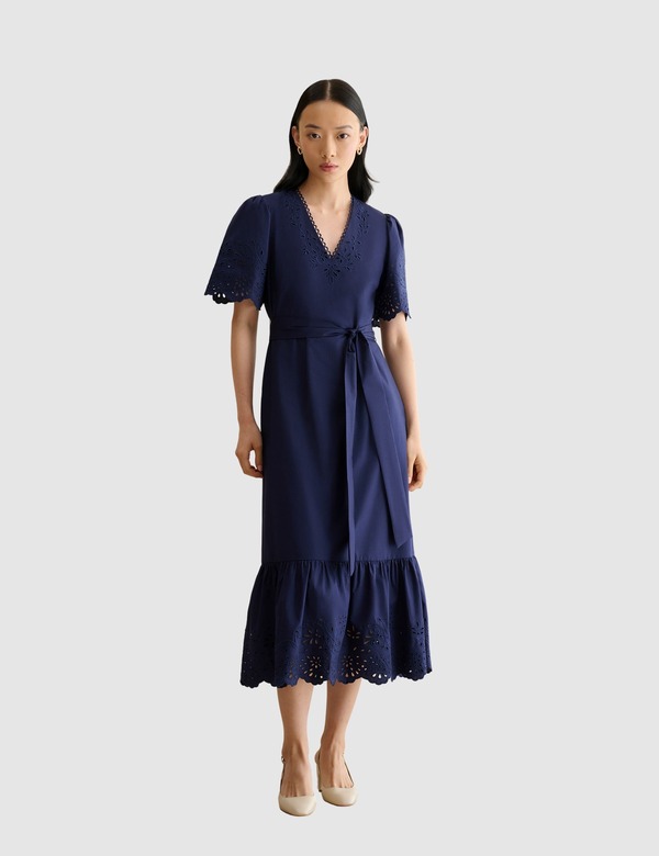 ホッブスロンドン レディース トップス ワンピース ミディ HOBBS LONDON Meghan Broderie Cutwork Midi Dress True navy｜ReVida 店