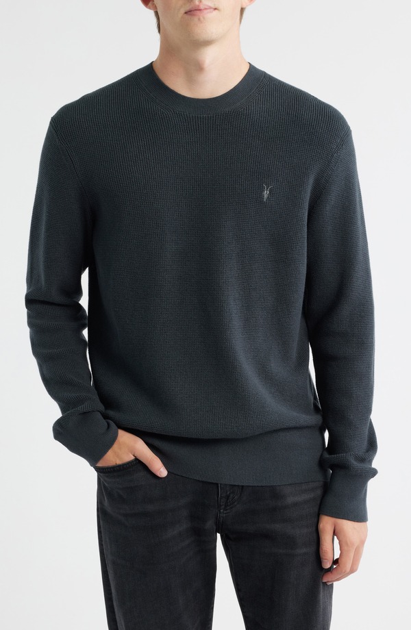 オールセインツ メンズ アウター パーカー・スウェット クルーネック ウール セーター コットン AllSaints Oversize Cotton & Wool Waffle Crewneck Sweater Bond Blue ブルー
