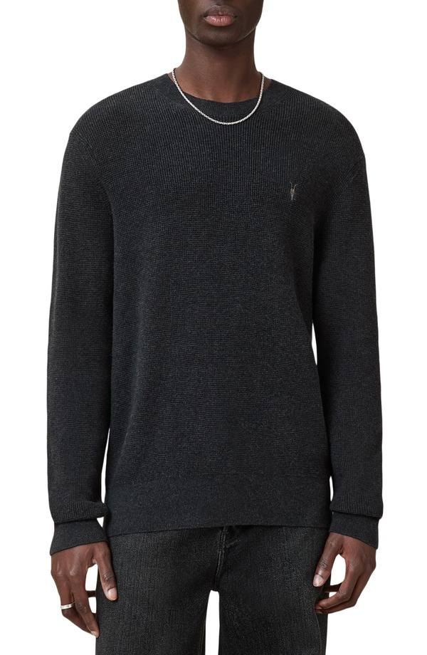オールセインツ メンズ アウター パーカー・スウェット クルーネック ウール セーター コットン AllSaints Oversize Cotton & Wool Waffle Crewneck Sweater Cinder Black ブラック