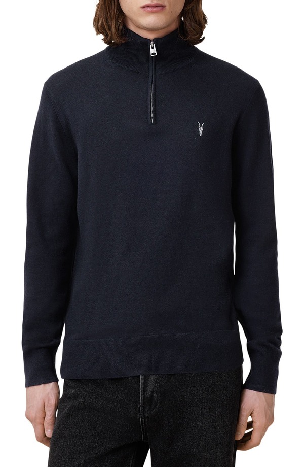 オールセインツ メンズ アウター パーカー・スウェット ハーフジップ スタンドネック ウール セーター AllSaints Kilburn Funnel Neck Wool Blend Quarter Zip Sweater Navy Blue ネイビー