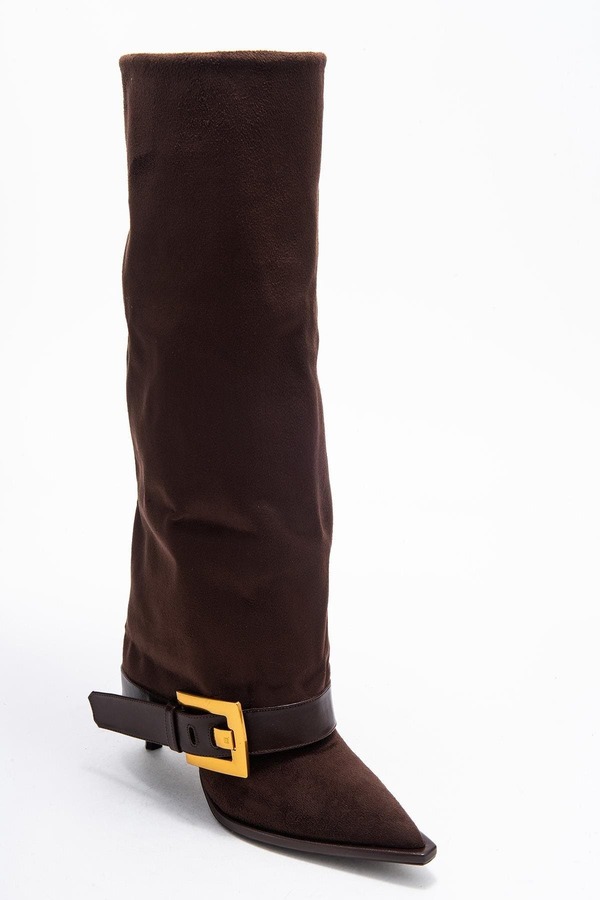 プロローグシューズ レディース ブーツ・レインブーツ Prologue Shoes Elva Buckle Strap Knee High Boot (Women) Brown Suede Faux Leather ブラウン|ReVida 店
