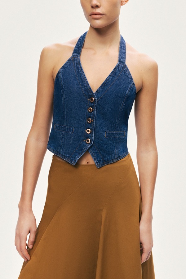 ノクチューン レディース ボトムス デニムパンツ ベスト ホルター Nocturne Halter Neck Denim Vest Navy Blue ネイビー|ReVida 店