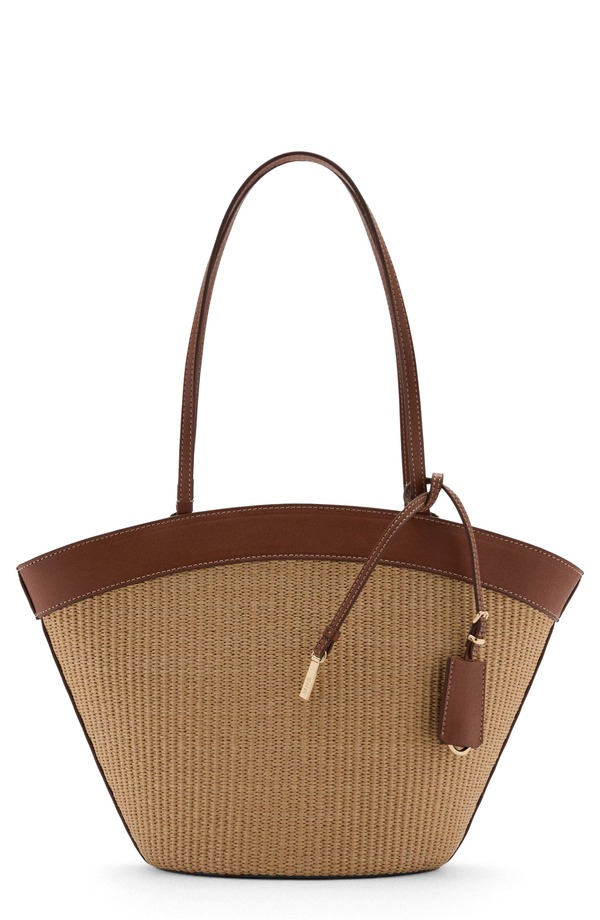 マンゴ レディース バッグ コントラスト レザー フェイクレザー MANGO Contrast Canvas & Faux Leather Shopper Bag LEATHER｜ReVida 店