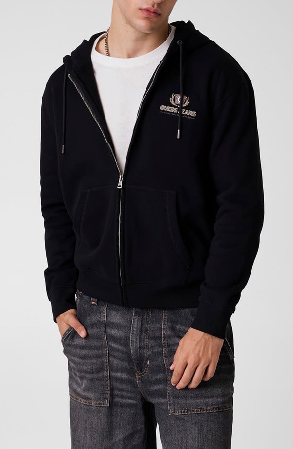 ゲス メンズ アウター パーカー・スウェット グラフィック GUESS Cali Graphic Zip Hoodie BLACK/ BLACK ブラック｜ReVida 店