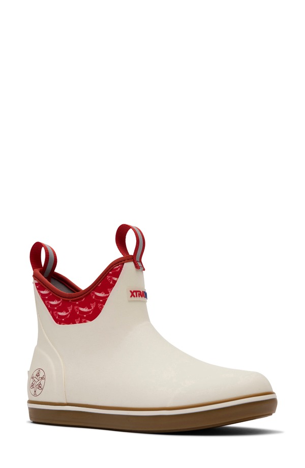 エクストラタフ レディース シューズ ブーツ・レインブーツ アンクル XTRATUF x Salmon Sisters Waterproof Ankle Deck Boot (Women) IVORY/ FIRE SALMON PRINT アイボリー｜ReVida 店