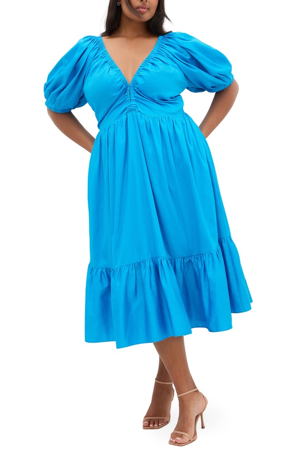 シティーシック レディース トップス ワンピース プラスサイズ ミディ City Chic Grace Puff Sleeve Midi Dress (Plus) AZURE｜ReVida 店