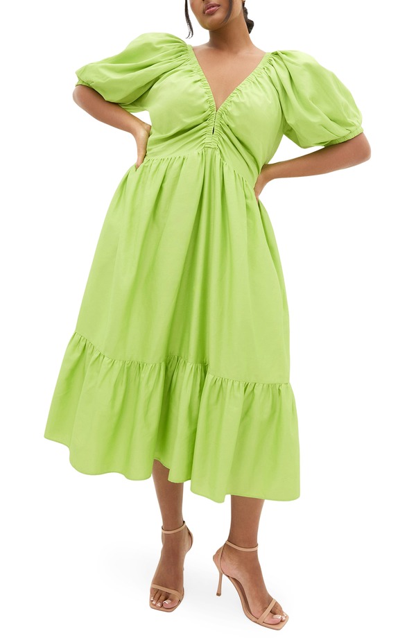 シティーシック レディース トップス ワンピース プラスサイズ ミディ City Chic Grace Puff Sleeve Midi Dress (Plus) PISTACHIO|ReVida 店