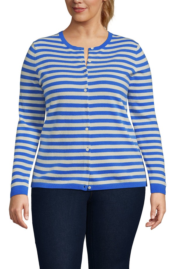 ランズエンド レディース アウター パーカー・スウェット プラスサイズ セーター カーディガン Lands' End Cashmere Cardigan Sweater (Plus) Muted Cobalt/Ivory Breton アイボリー|ReVida 店