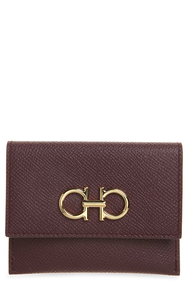 フェラガモ レディース バッグ レザー FERRAGAMO Double Gancio Leather Bifold Wallet PLUM プラム｜ReVida 店