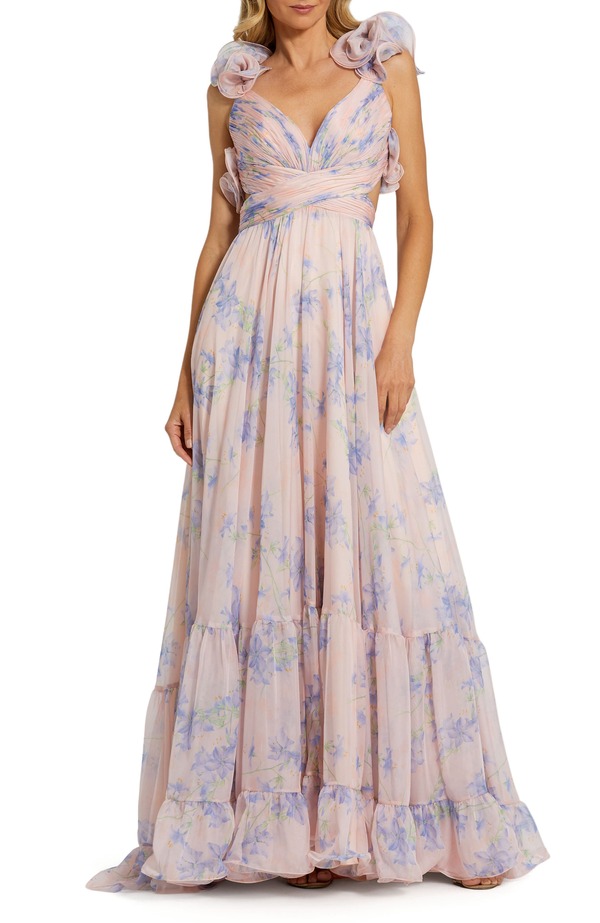 マックダガル レディース トップス ワンピース ティアード シフォン カットアウト フラワー柄 フリル フラワー Mac Duggal Women's Ruffle Tie red Floral Cut-Out Chiffon Gown Violet Multi バイオレット｜ReVida 店