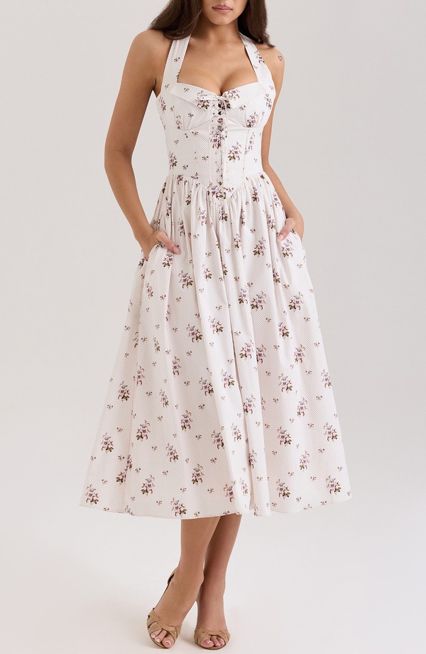 ハウスオブシービー レディース トップス ワンピース フラワー柄 ミディ フラワー ホルター HOUSE OF CB Emiliana Floral Corset Halter Midi Dress BERRY SPOT CREAM クリーム|ReVida 店