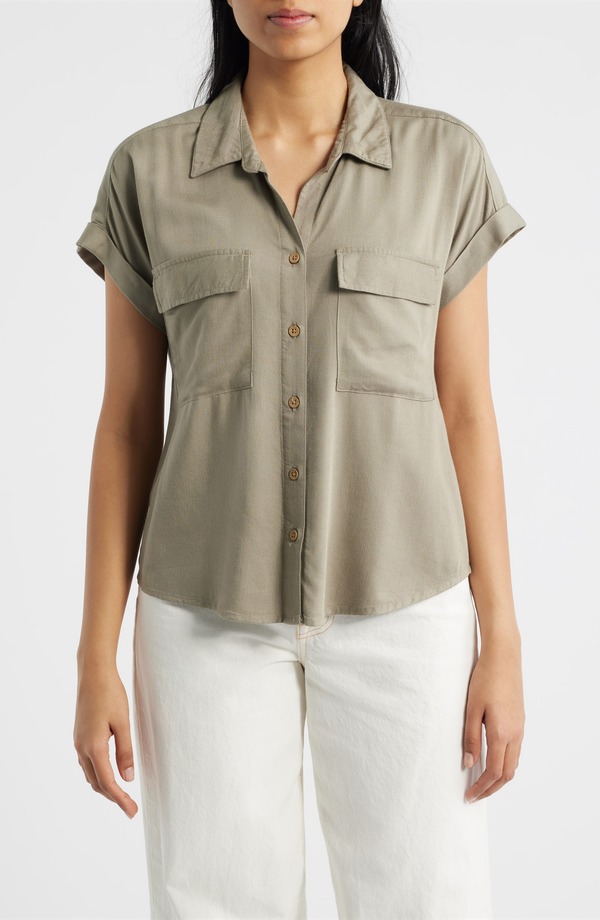 ビーチランチラウンジ レディース トップス シャツ beachlunchlounge Kia Short Sleeve Button-Up Shirt OLIVINE|ReVida 店