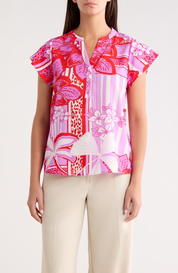 シュガーリップス レディース トップス シャツ SUGARLIPS Barba Cass Tropical Flutter Sleeve Top RED-WHITE ホワイト｜ReVida 店