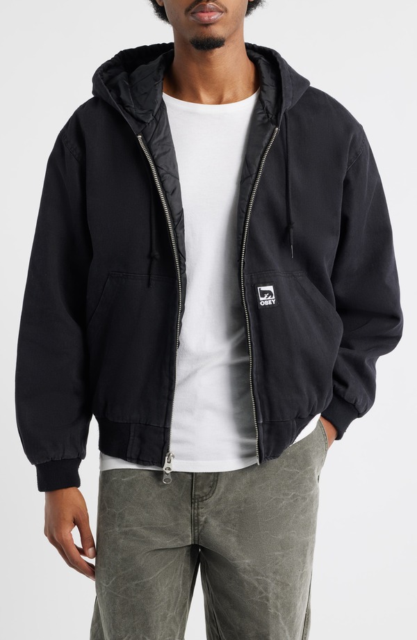 オベイ メンズ アウター ジャケット・ブルゾン コットン Obey Randy Hooded Cotton Jacket Black Faded Wash ブラック