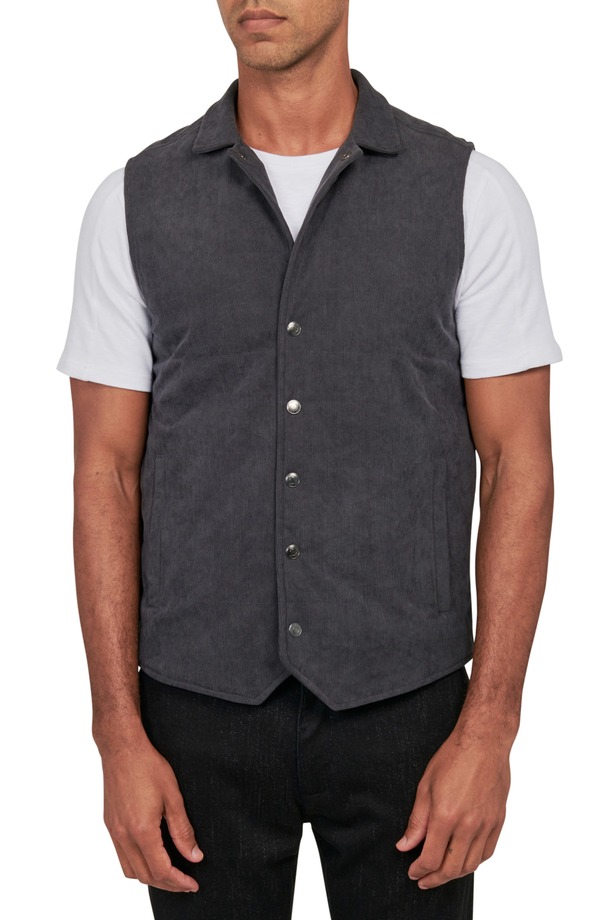 ダブリューアールケー メンズ アウター より良い か細い相応う コール天 W.R.K Slim Fit Camp Collar Corduroy Snap-Up Vest Grey 薄墨色
