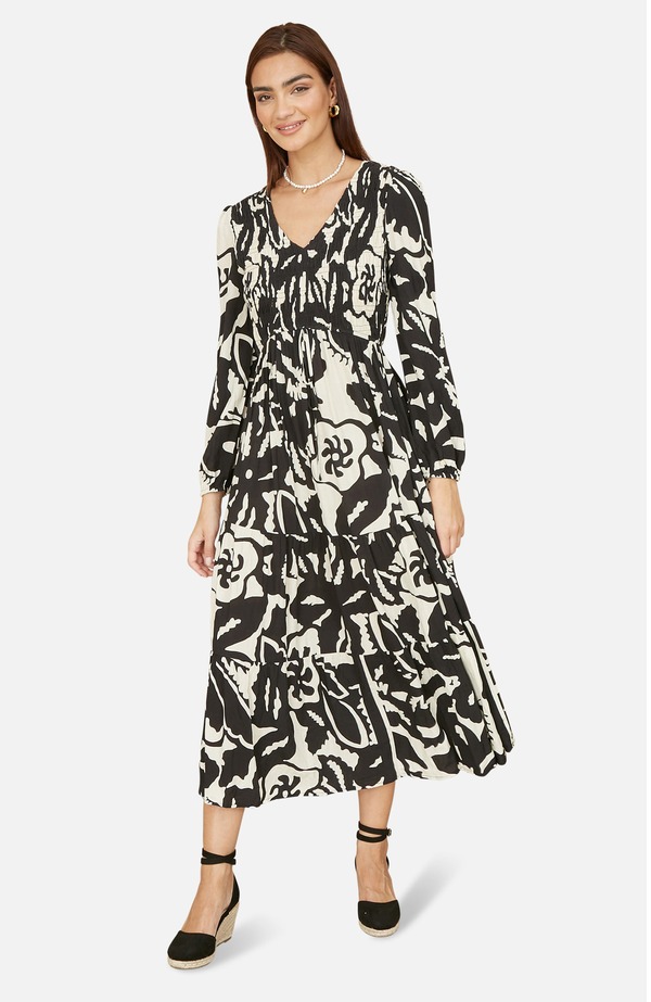 ユミキム レディース トップス ワンピース Vネック プリント ギャザー ミディ Yumi Abstract Print Ruched V-Neck Midi Dress Black ブラック｜ReVida 店