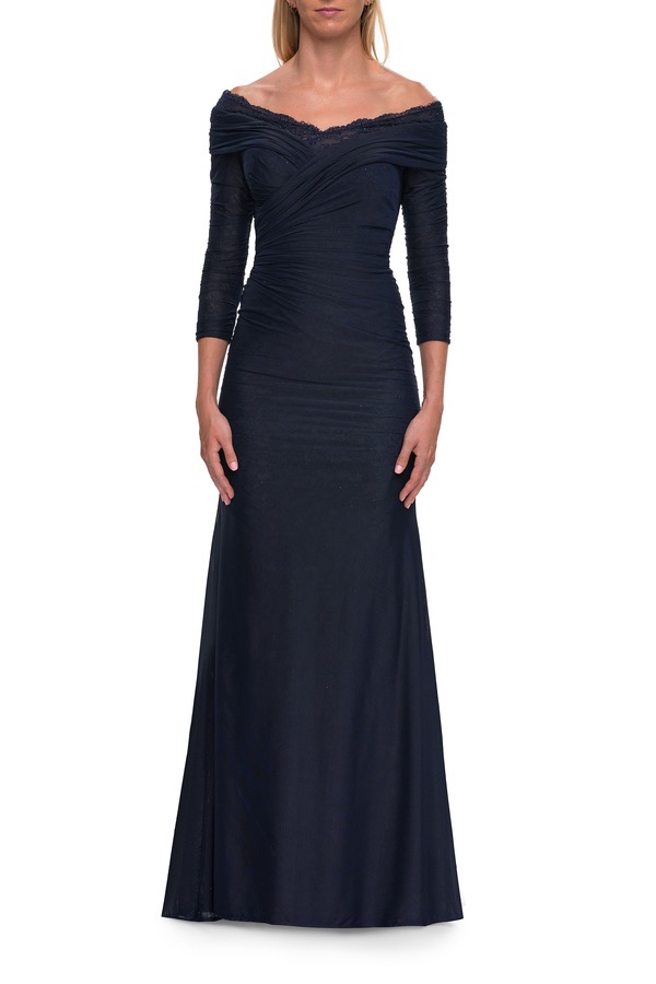 ラフェム レディース トップス ワンピース La Femme Off-the-Shoulder Three-Quarter Sleeve Gow navy ネイビー|ReVida 店