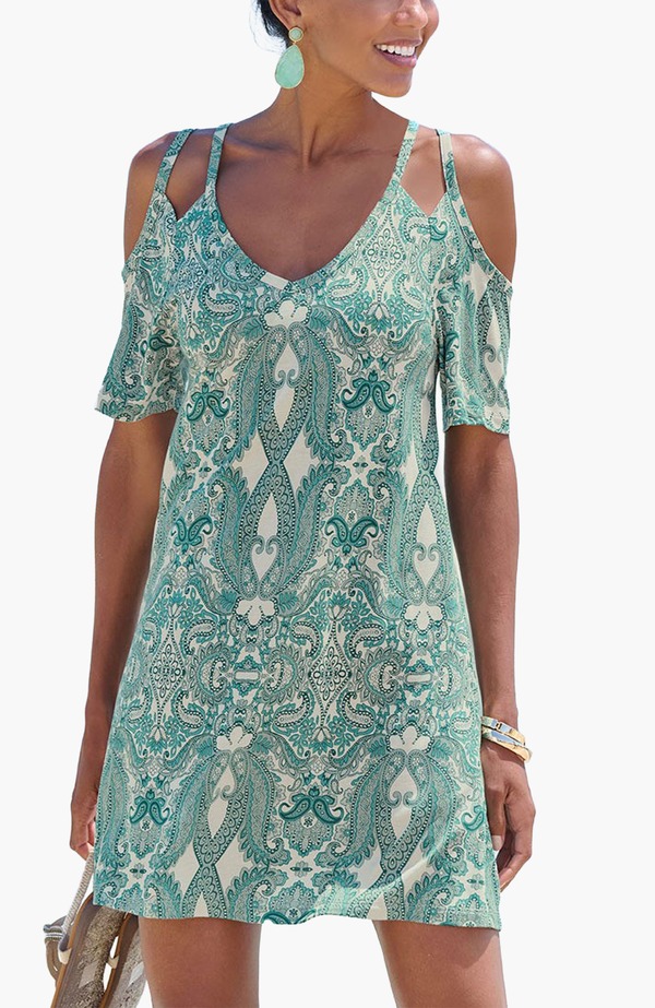 ラスカーナ レディース トップス ワンピース LASCANA Cold Shoulder Dress Green Patterned グリーン｜ReVida 店