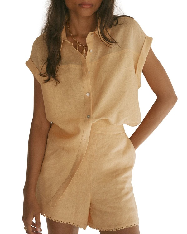 ミルトンベルベット レディース トップス シャツ シアー リネン MINT VELVET Linen Blend Sheer Panel Shirt Yellow イエロー｜ReVida 店 31,720円