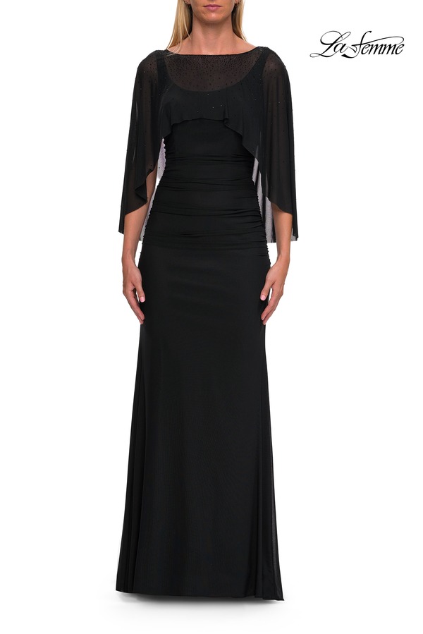 ラフェム レディース トップス ワンピース ケープデザイン オーバーレイ シアー キャップ ケープ ジャージー La Femme Jersey Gown with Sheer Beaded Cape Overlay Black ブラック｜ReVida 店