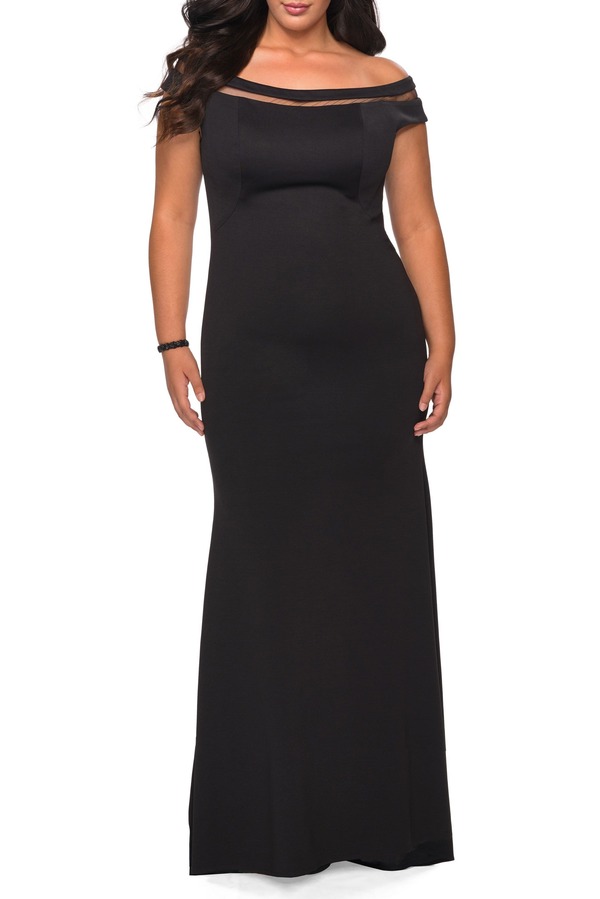 ラフェム レディース トップス ワンピース プラスサイズ シアー La Femme Off The Shoulder Plusize Gown with Sheer Neckline Detail (Plus) Black ブラック｜ReVida 店
