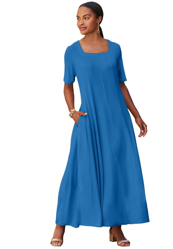 ジェシカロンドン レディース トップス ワンピース プラスサイズ マキシ Jessica London Square Neck Maxi Dress (Plus Regular) POOL BLUE ブルー｜ReVida 店