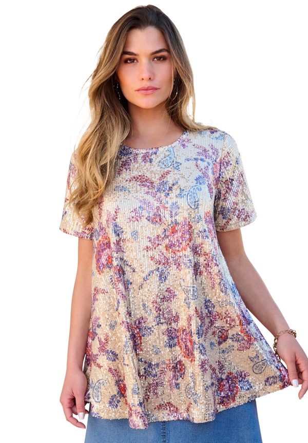 ロアマンズ レディース トップス シャツ プラスサイズ スパンコール Roaman's Plusize Sequin Swing Tee (Plus Regular) OATMEAL FLORAL オートミール|ReVida 店