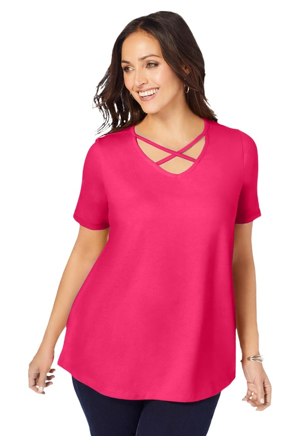ジェシカロンドン レディース トップス シャツ プラスサイズ コットン Jessica London Stretch Cotton Crisscrosstrap Tee (Plus Regular) PINK BURST ピンク|ReVida 店
