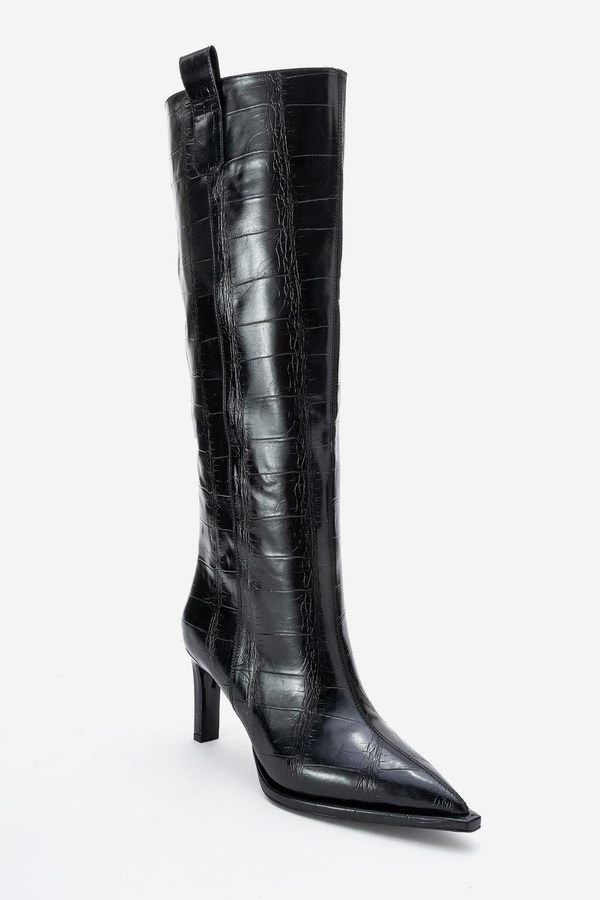 プロローグシューズ レディース ブーツ・レインブーツ Prologue Shoes Lunelle Stiletto Knee High Boot (Women) Black Print Faux Leather ブラック｜ReVida 店