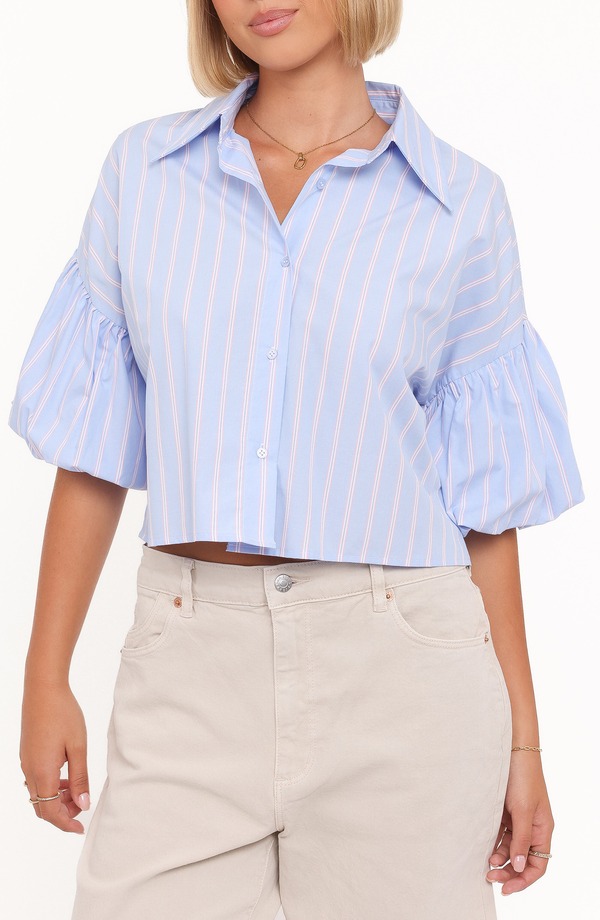 ペタルアンドパップ レディース トップス シャツ コットン Petal & Pup Zella Stripe Puff Sleeve Cotton Button-Up Shirt BLUE WHITE STRIPE ホワイト|ReVida 店