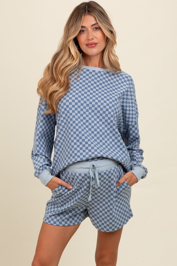 ピンクブラッシュ レディース アンダーウェア ナイトウェア ショートパンツ マタニティ PinkBlush Checke red Plaid Pullover Shortset (Maternity) Blue ブルー|ReVida 店