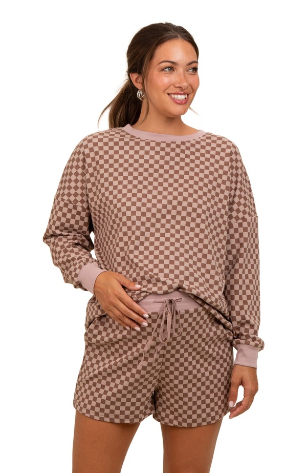 ピンクブラッシュ レディース アンダーウェア ナイトウェア ショートパンツ マタニティ PinkBlush Checke red Plaid Pullover Shortset (Maternity) Mocha モカ|ReVida 店