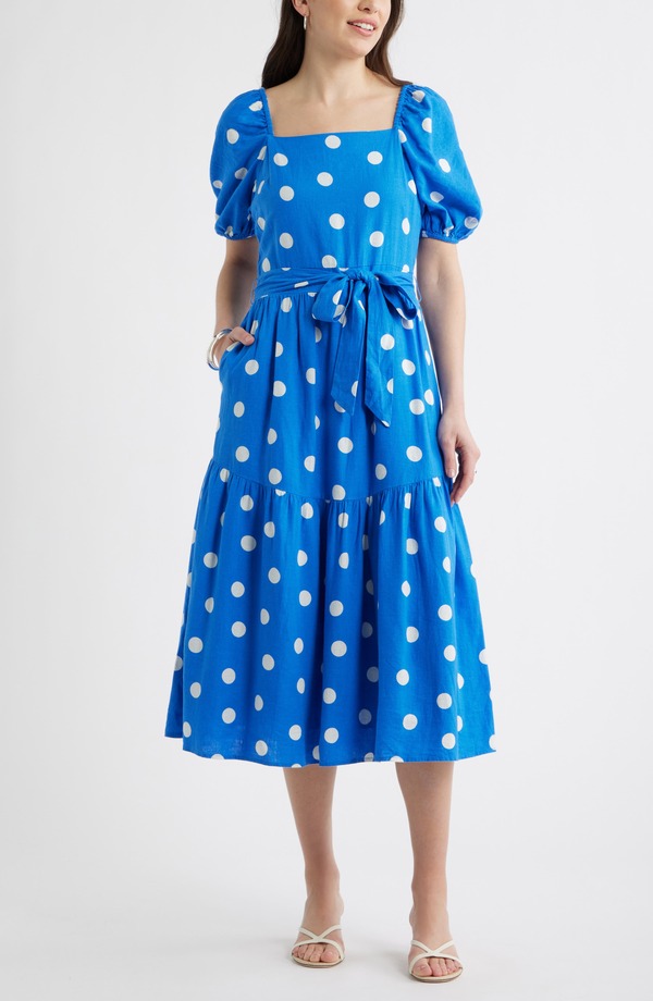 キャスロン レディース ボトムス カジュアルパンツ ミディワンピース ミディ リネン Caslon Puff Sleeve Linen Blend Midi Dress BLUE PALACE- IVORY TULLA DOT アイボリー｜ReVida 店