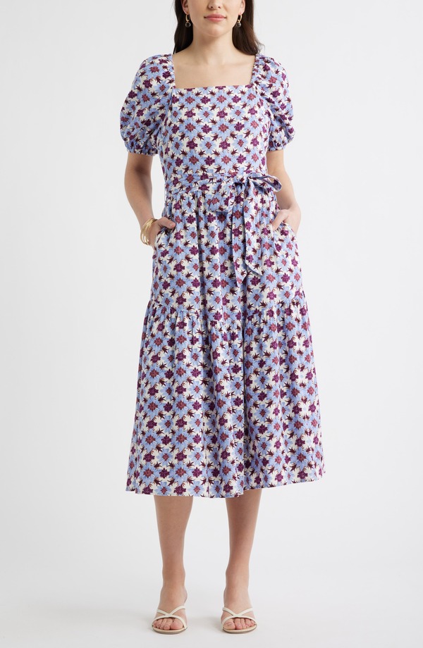 キャスロン レディース トップス ワンピース ミディ リネン Caslon Puff Sleeve Linen Blend Midi Dress IVORY- PURPLE MILLIE TILE アイボリー｜ReVida 店