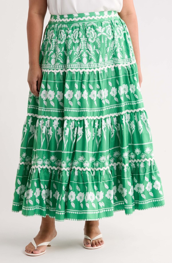 シュガーリップス レディース ボトムスカート プラスサイズ プリント マキシ SUGARLIPS Wave Trimmed Print Maxi Skirt (Plus) GREEN-WHITE ホワイト｜ReVida 店