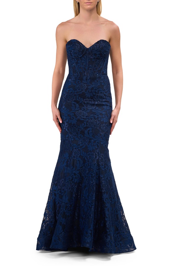 ラフェム レディース トップス ワンピース シアー レース La Femmermaid Stretch Lace Dress with Bustier Top and Sheer Back Marine Blue ブルー｜ReVida 店