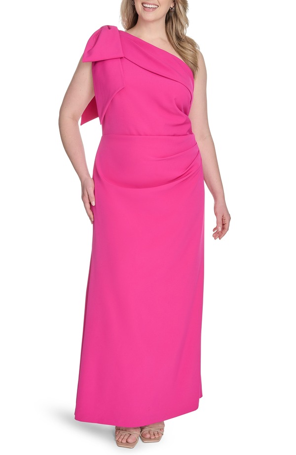 エリザジェイ レディース トップス ワンピース プラスサイズ ワンショルダー Eliza J Bow Detail One-Shoulder Gown (Plus) MAGENTA マゼンタ｜ReVida 店