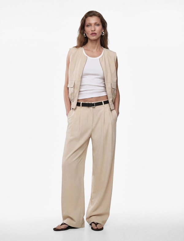 コトン レディース ボトムス レギンス ワイドレッグ パンツ Koton Wide Leg Trousers with Belt BEIGE ベージュ｜ReVida 店