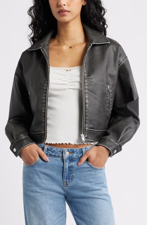 ビーピー レディース アウター コート レザー フェイクレザー ジャケット BP. Washed Faux Leather Jacket BLACK ブラック｜ReVida 店 14,686円