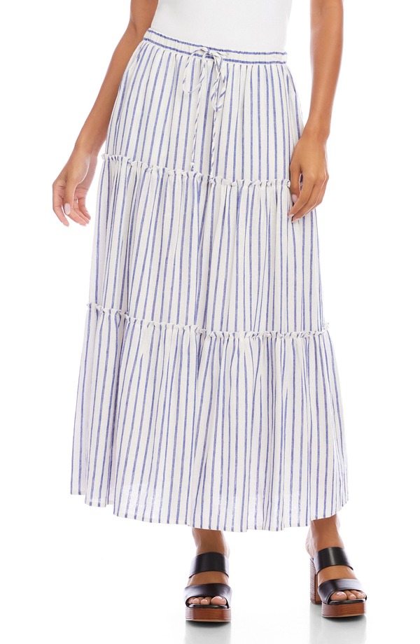 カレンケーン レディース ボトムスカート ティアード プチ ミディ Karen Kane Tie red Stripe Midi Skirt (Petite Regular) BLUE/ WHITE ホワイト｜ReVida 店