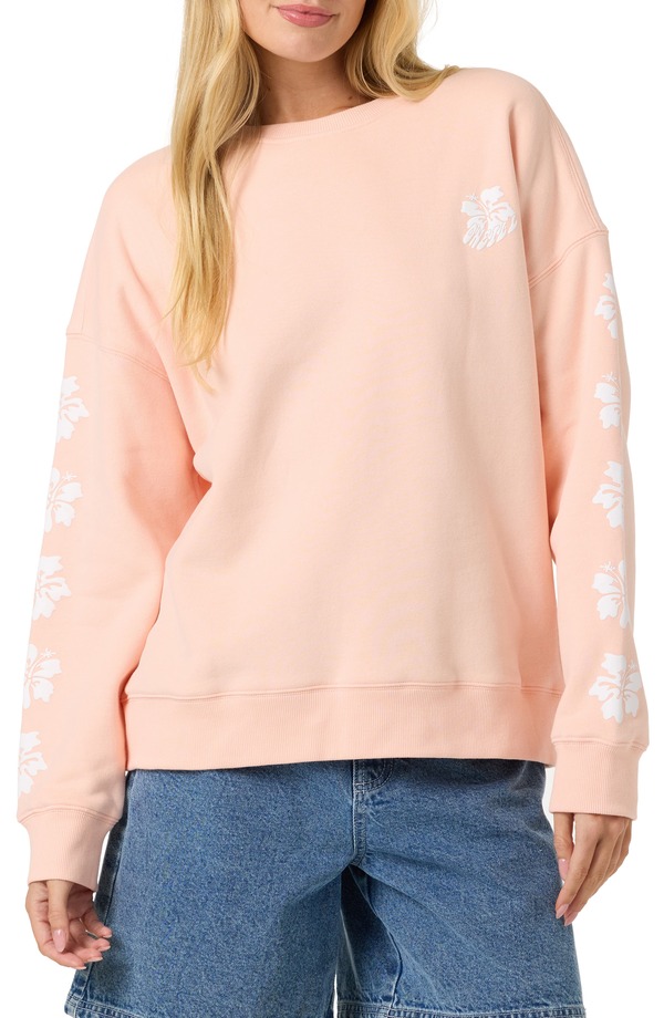 オニール レディース アウター パーカー・スウェット ミニ シャツ グラフィック O'Neill Mini Hibis Hawaii Oversized Graphic Sweatshirt PEACH LIGHT ピーチ|ReVida 店