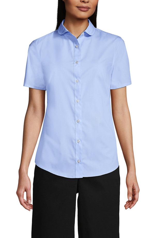 ランズエンド レディース トップス シャツ Lands' End School Uniform Short Sleeve Peter Pan Collar Broadcloth Shirt Light Sea Blue ブルー｜ReVida 店
