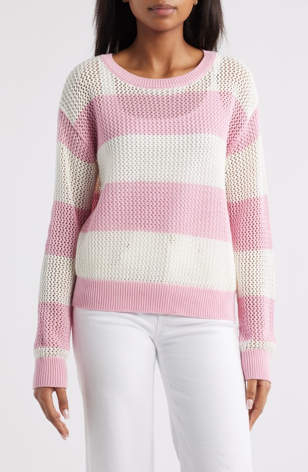 ビーチランチラウンジ レディース アウター パーカー・スウェット クルーネック セーター beachlunchlounge Tresa Stripe Crochet Crewneck Sweater PINK/IVORY アイボリー｜ReVida 店